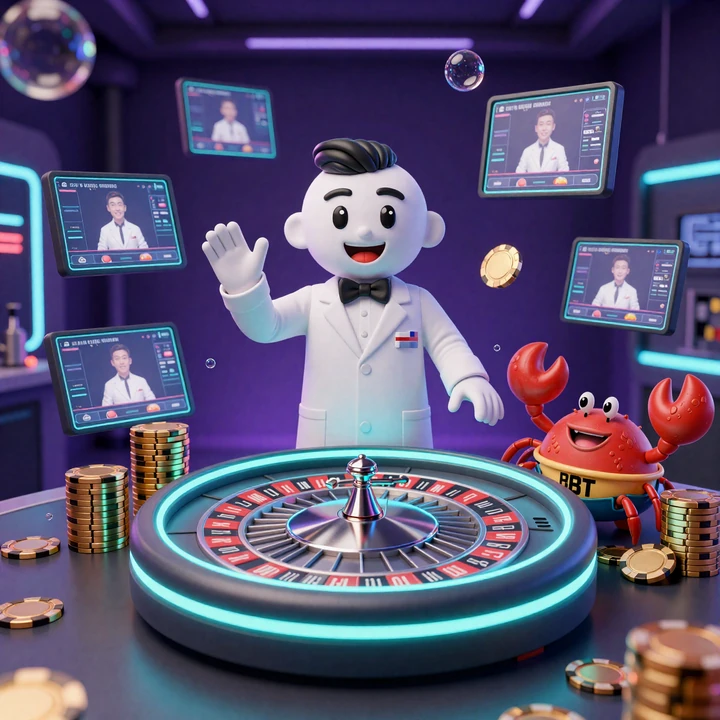 Professor von CasinoLab als Live Casino Croupier am leuchtenden Neon-Roulettetisch mit Bonus Crab