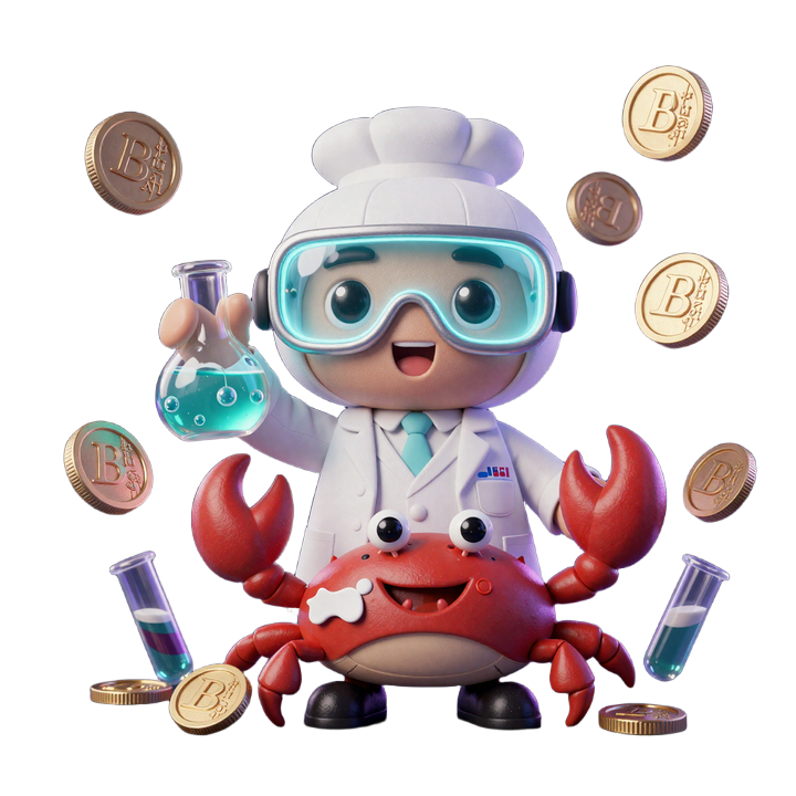 Professor von CasinoLab Casino mit leuchtender Bonus-Kolbe und Bonus Crab mit Goldm&uuml;nzen